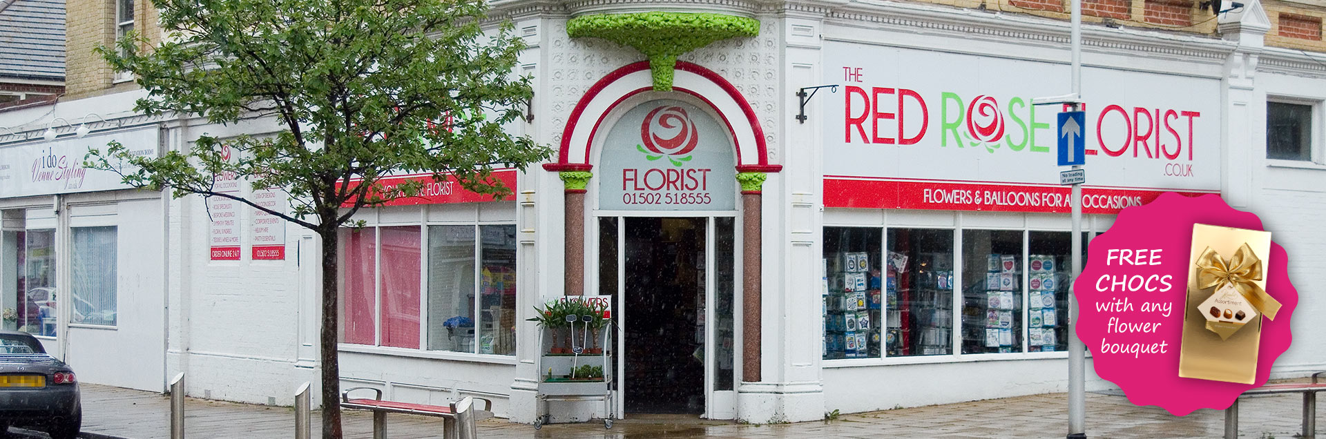 Free box of chocolates with any flower bouquet